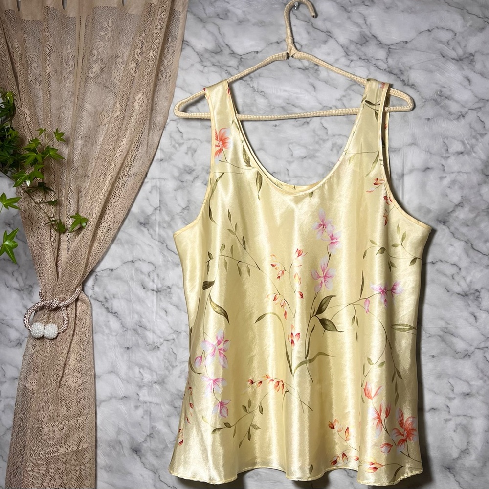 Y2K XL Oscar De La Renta Pink Label Floral Satin Feel Scoop Camisole Side Slits - Picture 2 of 14